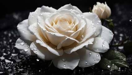 White Rose Elegance: Dew-Kissed Beauty on a Black Canvas