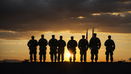 Veterans' Tribute: Silhouettes at Sunset - obrazy, fototapety, plakaty