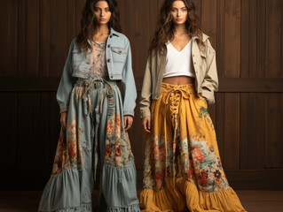 Vintage-inspired denim jackets paired with flowing floral skirts, ai generated.