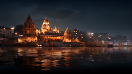 A hindu Vrindavan temple with beautiful lights and water generated by Ai