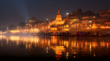 Obraz premium A hindu Vrindavan temple with beautiful lights and water generated by Ai
