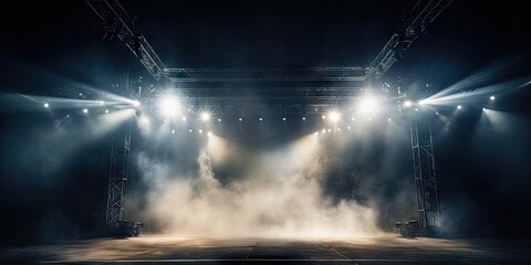 An empty stage with a lot of lights and smoke, creating a mysterious and dramatic atmosphere.