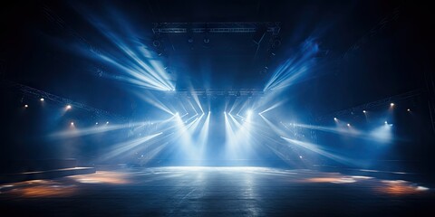 An empty stage with a lot of lights and smoke, creating a mysterious and dramatic atmosphere.