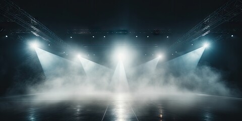 An empty stage with a lot of lights and smoke, creating a mysterious and dramatic atmosphere.