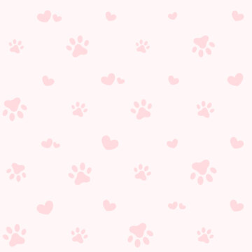 Seamless pattern with paw prints and hearts. Vector Illustration.	