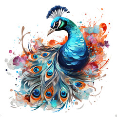 Fototapeta premium Watercolor Peacock t-shirt design, a peacock in a surreal underwater world, its feathers flowing gracefully like aquatic, Generative Ai