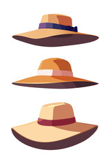 Women's wide-brimmed hats. Fashionable headdress. Vector illustration in a flat style on a white isolated background.