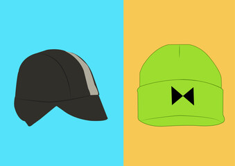 Vector illustration of black and grey baseball cap and green color knit cap.
