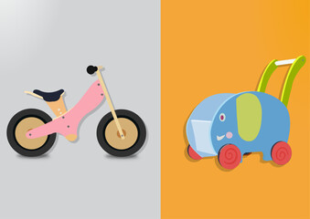 Vector illustration of handmade wooden bicycle for kids and baby walker or push toy stroller for infants.
