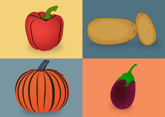 Vector illustration of veggie combo of red capssicum, potato, brinjal, pumpkin.
