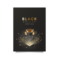 Black friday sale banner with a black opening gift box and confetti flying out