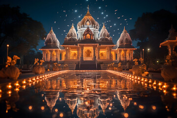A hindu temple with beautiful lights and water generated by Ai