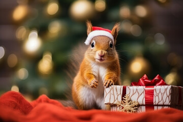 Cute squirrels with gifts and Christmas decorations, generative ai 