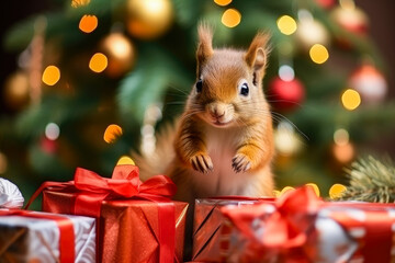 Cute squirrels with gifts and Christmas decorations, generative ai 