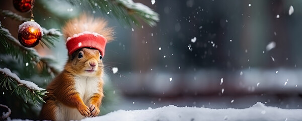Cute squirrels with gifts and Christmas decorations, generative ai  - obrazy, fototapety, plakaty