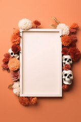 Dia de los Muertos: White Frame with Skull and Flowers on Orange Backdrop with Copy Space