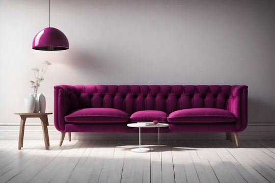 Dark Magenta Sofa With White Wall Background.