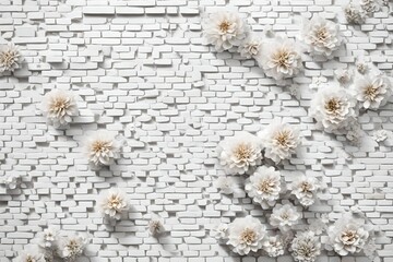 Floral white brick wall texture background