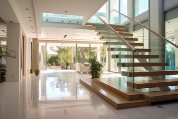 Interior of a house, Luxury white marble floor, modern L shape wood cantilever stair staircase	
