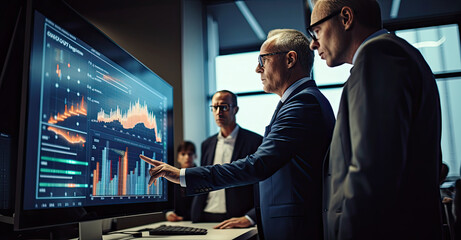 business people in an office. an interactive demo of business process in the conference room. infographics on screens.