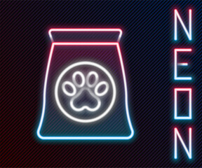 Glowing neon line Bag of food for pet icon isolated on black background. Food for animals. Dog bone sign. Pet food package. Colorful outline concept. Vector