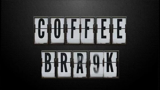 A computer simulation of a solari board/split flap display showing the message "coffee break"