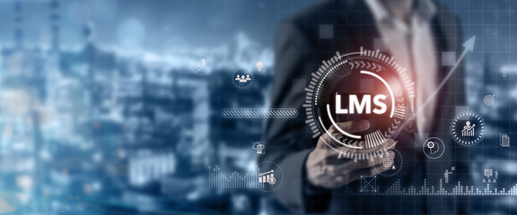 LMS - Learning Management System concept. Online learning platform. Employee using mobile learning,...