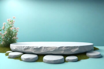 Stone platform for product presentation on baby blue wall background