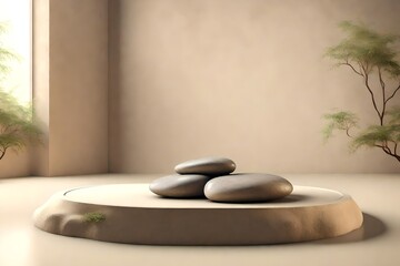 Zen stones on big stone platform over beige background