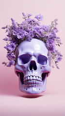 Lilac field flowers in a humans skull that serves