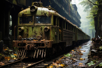 Fototapeta premium Forgotten old and rusty orange locomotive in the jungle, ai generated.