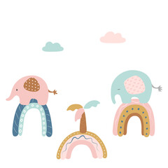 Cute elephants, palm tree, rainbows. Vector children's illustration in modern style. Suitable for poster, fabric, wallpaper, clothing, paper, card, banner.