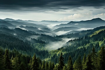 Fototapeta premium A November scene with a dense green forest framed by majestic mountains and crowned by drifting clouds, creating a picturesque backdrop. Photorealistic illustration, Generative AI
