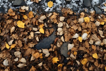 A picturesque background image for creative content, displaying a vibrant pile of fallen leaves gracefully covering a textured bed of rocks. Photorealistic illustration, Generative AI