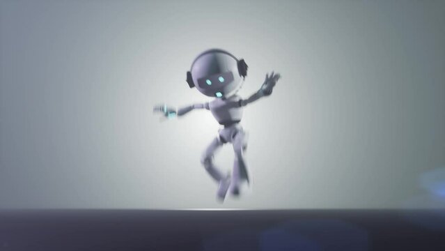 jumping machanical robot. Humanoid moving with glowing lights with optical flare