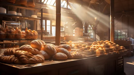 Zelfklevend Fotobehang Early morning sunlight bathes a bakery scene, illuminating rows of freshly baked goods. The photography captures the steam rising from warm bread and the golden hues of croissants. © CanvasPixelDreams