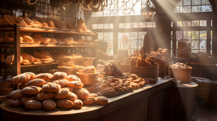 Early morning sunlight bathes a bakery scene, illuminating rows of freshly baked goods. The photography captures the steam rising from warm bread and the golden hues of croissants.