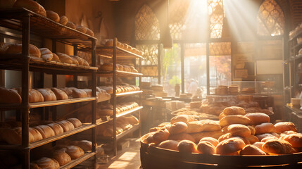 Early morning sunlight bathes a bakery scene, illuminating rows of freshly baked goods. The photography captures the steam rising from warm bread and the golden hues of croissants.