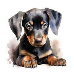 Doberman puppy, on a white background. Cute digital watercolour for dog lovers.