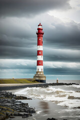 Beautiful Vertical Shot Of A Red And White Striped Lighthouse Tower At The Beach