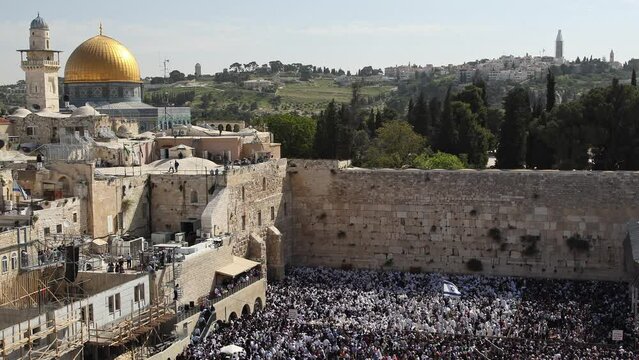 High, wide shot of the Western Wall of Jerusalem