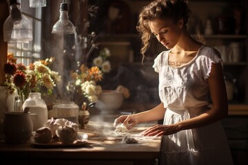 young wife in the kitchen cooking