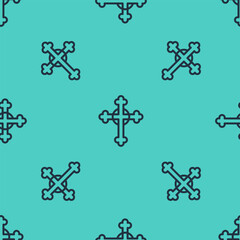 Black line Christian cross icon isolated seamless pattern on green background. Church cross. Vector