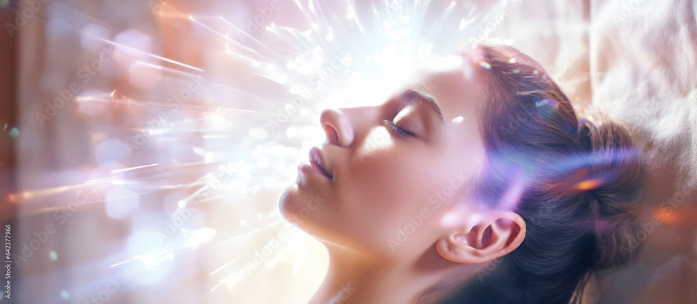 Wall mural panorama of woman with aurora beams of energy.ai generated.