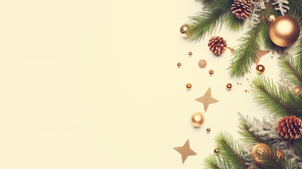 Fototapeta na wymiar Christmas style template white background pine branches christmas balls copy space.