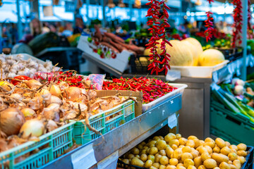 vegetables and fruits in a traditional market.