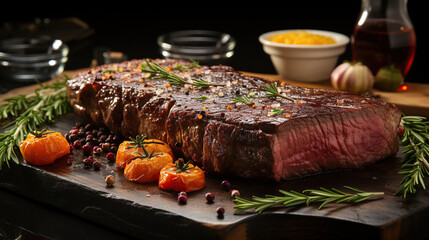 Beef steak on slate plate.