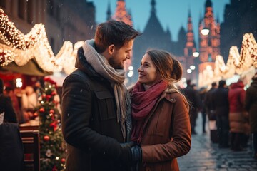 young couple by the christmas market