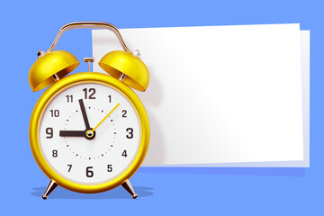 3d illustration of golden retro alarm clock with arrow and text space on blue color background