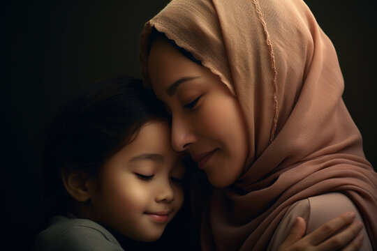 Emotional portrait of happy Muslim mother and daughter wearing traditional clothes. Family traditions, connection, togetherness concept. Digital Ai